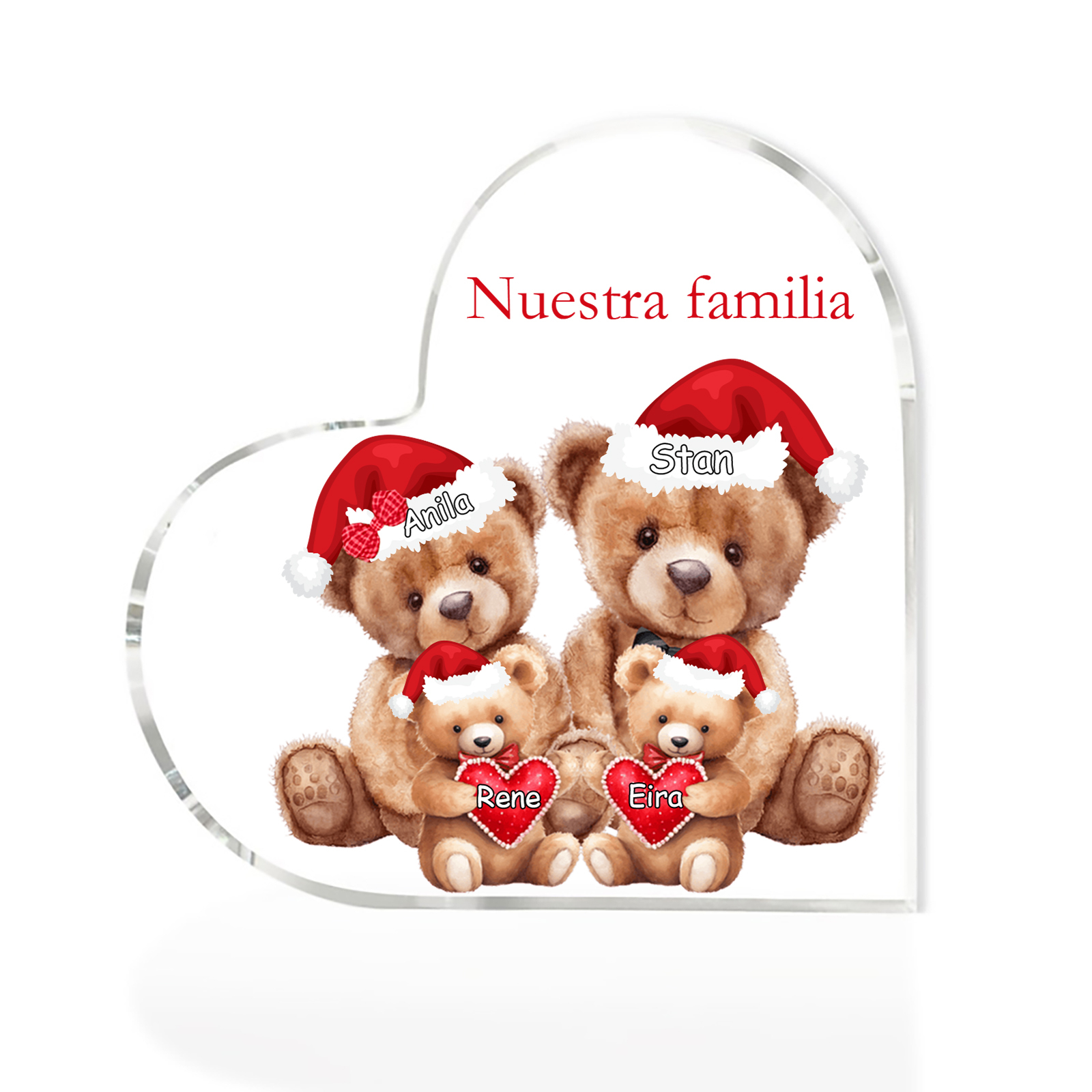 A familia-Placa de acrílico en forma de corazón Feliz Navidad familia de osos 4 nombres y 1 texto personalizados | Jessemade