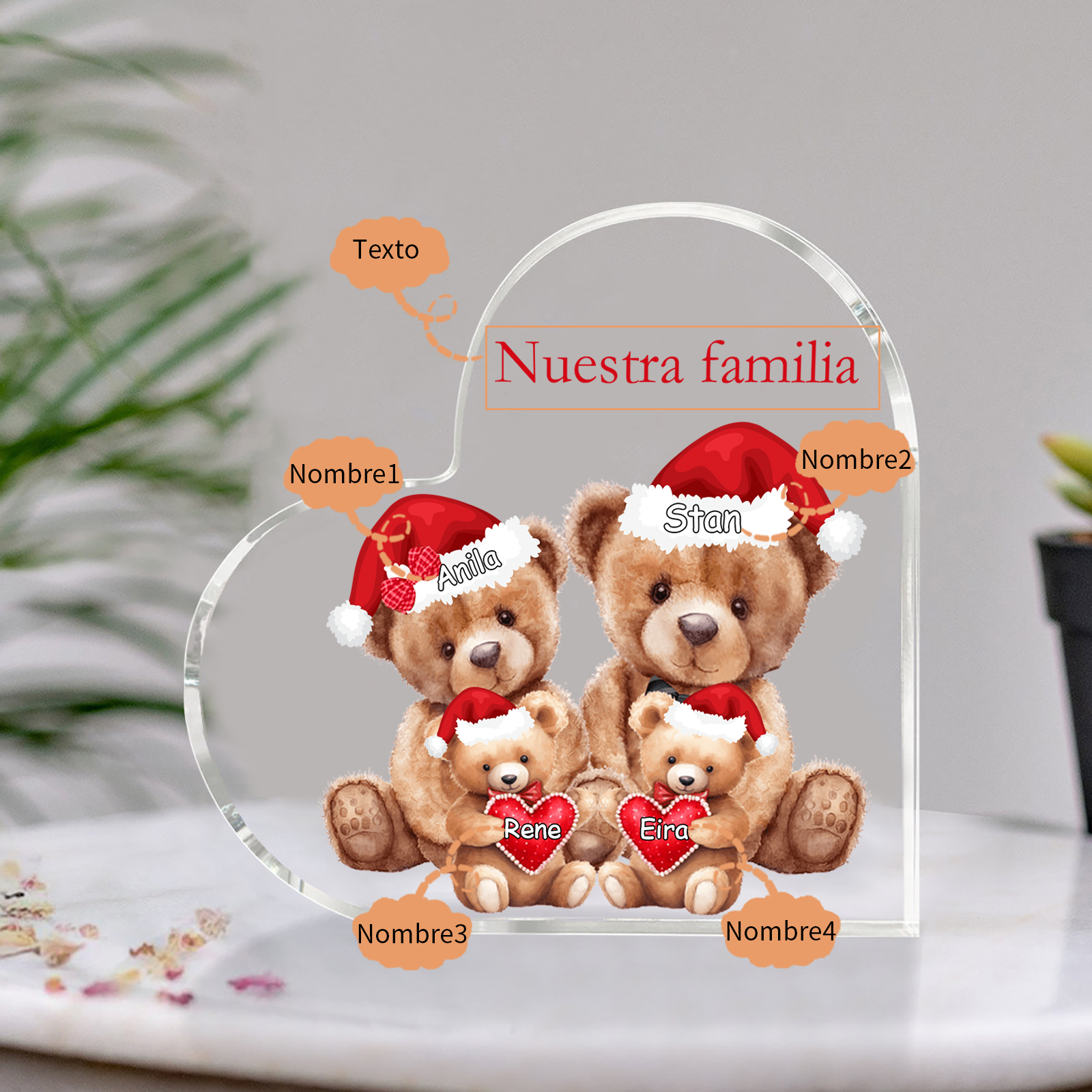 A familia-Placa de acrílico en forma de corazón Feliz Navidad familia de osos 4 nombres y 1 texto personalizados | Jessemade