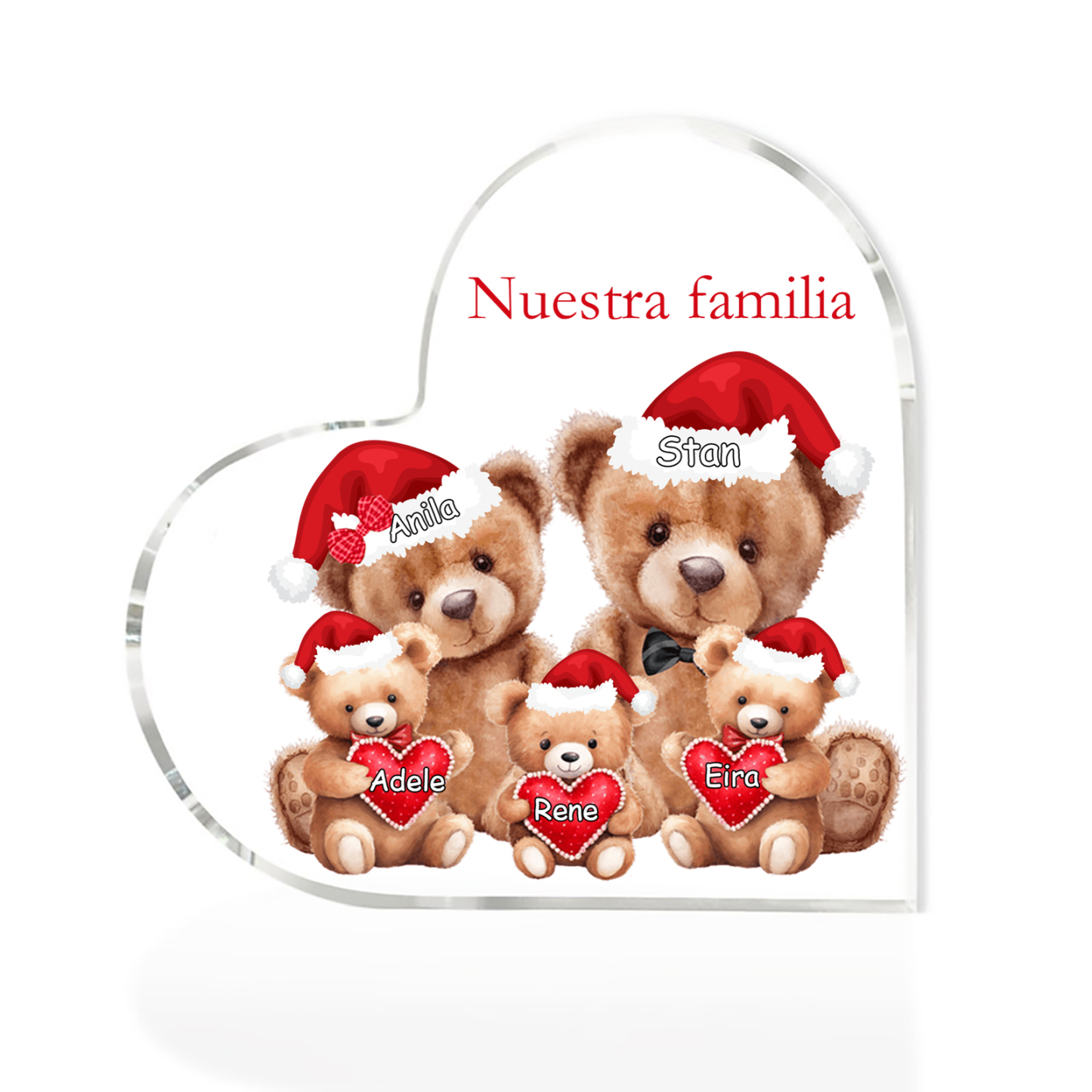 A familia-Placa de acrílico en forma de corazón Feliz Navidad familia de osos 5 nombres y 1 texto personalizados | Jessemade