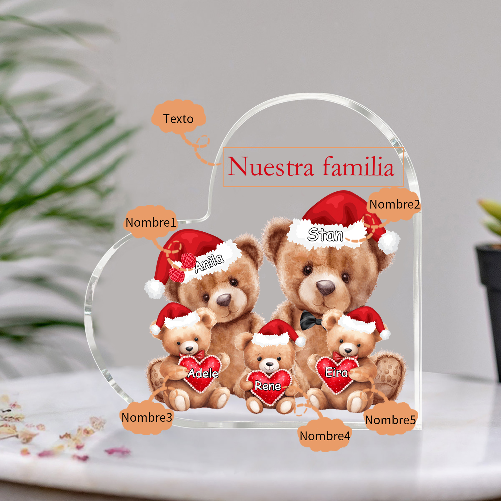 A familia-Placa de acrílico en forma de corazón Feliz Navidad familia de osos 5 nombres y 1 texto personalizados | Jessemade