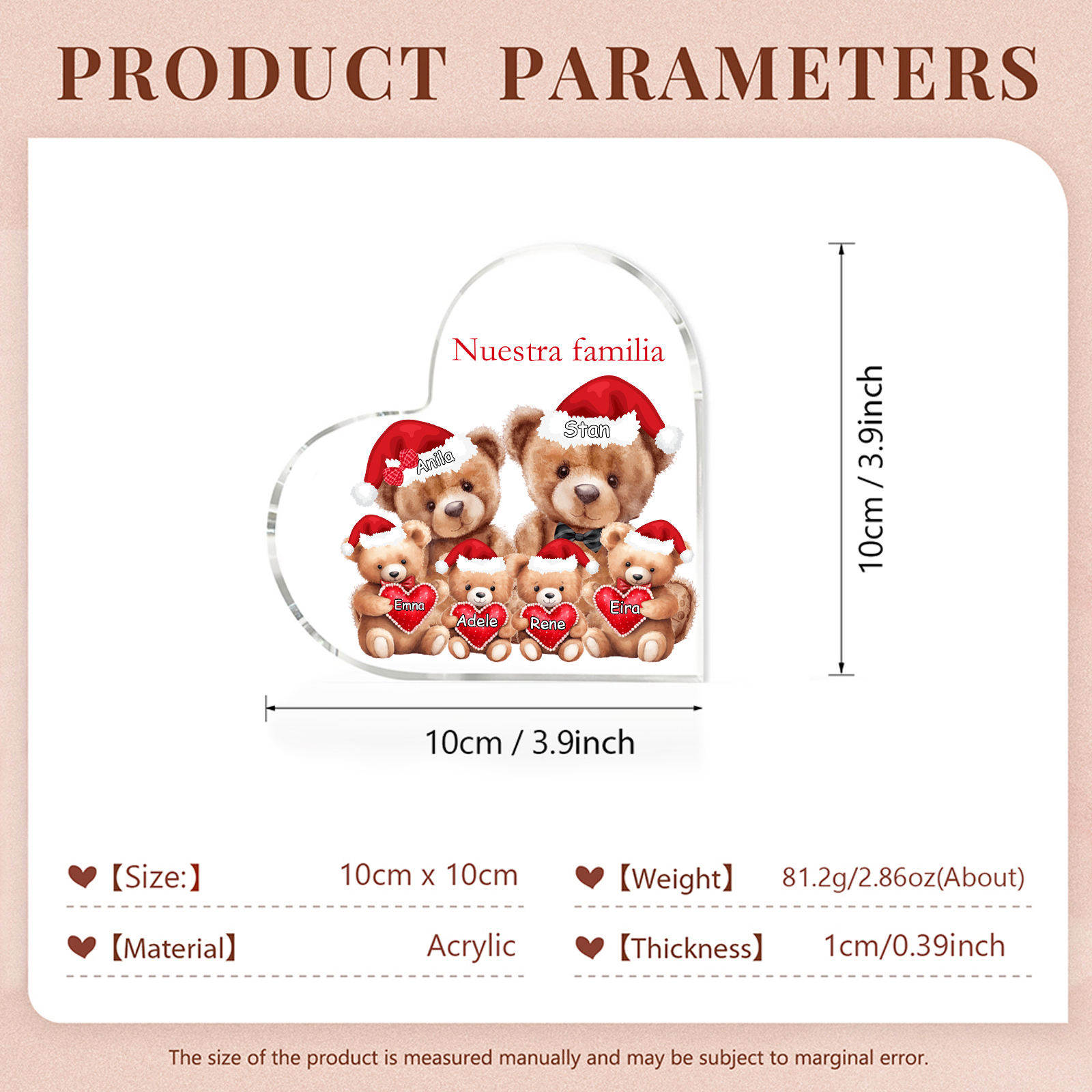 A familia-Placa de acrílico en forma de corazón Feliz Navidad familia de osos 6 nombres y 1 texto personalizados | Jessemade