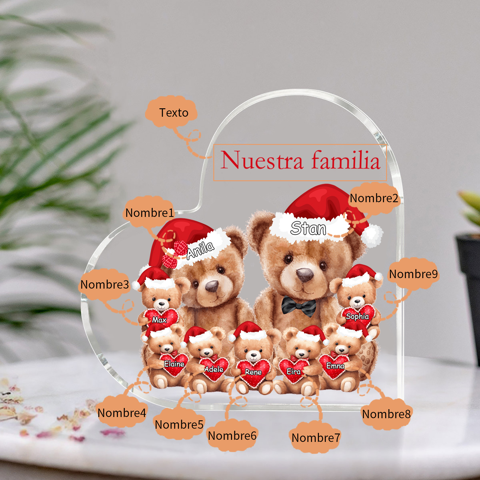 A familia-Placa de acrílico en forma de corazón Feliz Navidad familia de osos 9 nombres y 1 texto personalizados | Jessemade