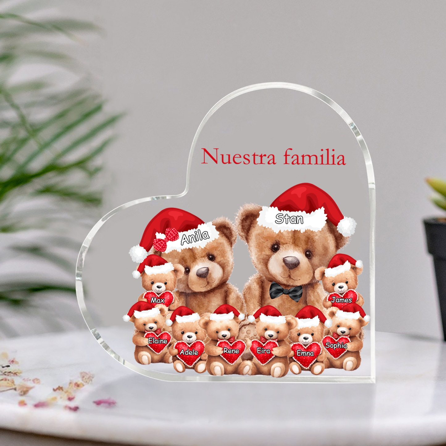A familia-Placa de acrílico en forma de corazón Feliz Navidad familia de osos 10 nombres y 1 texto personalizados | Jessemade