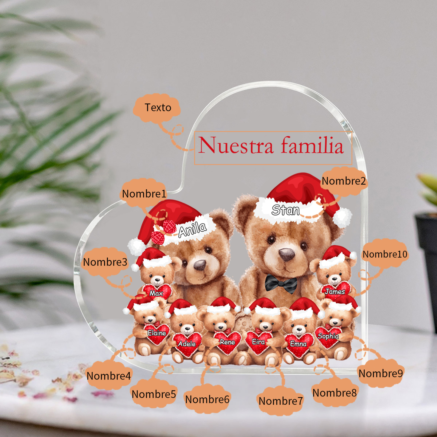 A familia-Placa de acrílico en forma de corazón Feliz Navidad familia de osos 10 nombres y 1 texto personalizados | Jessemade