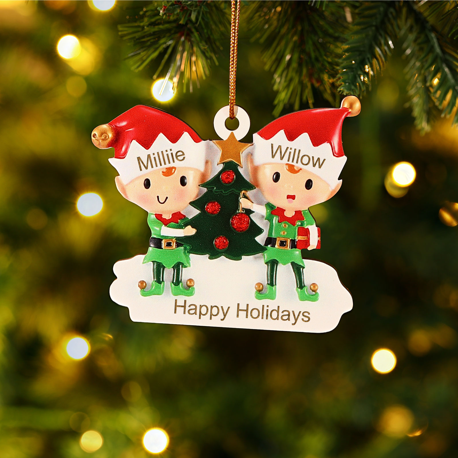 Navidad-Ornamento con muñecos de madera duendes 2 nombres y texto pers