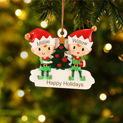 Navidad-Ornamento con muñecos de madera duendes 2 nombres y texto pers