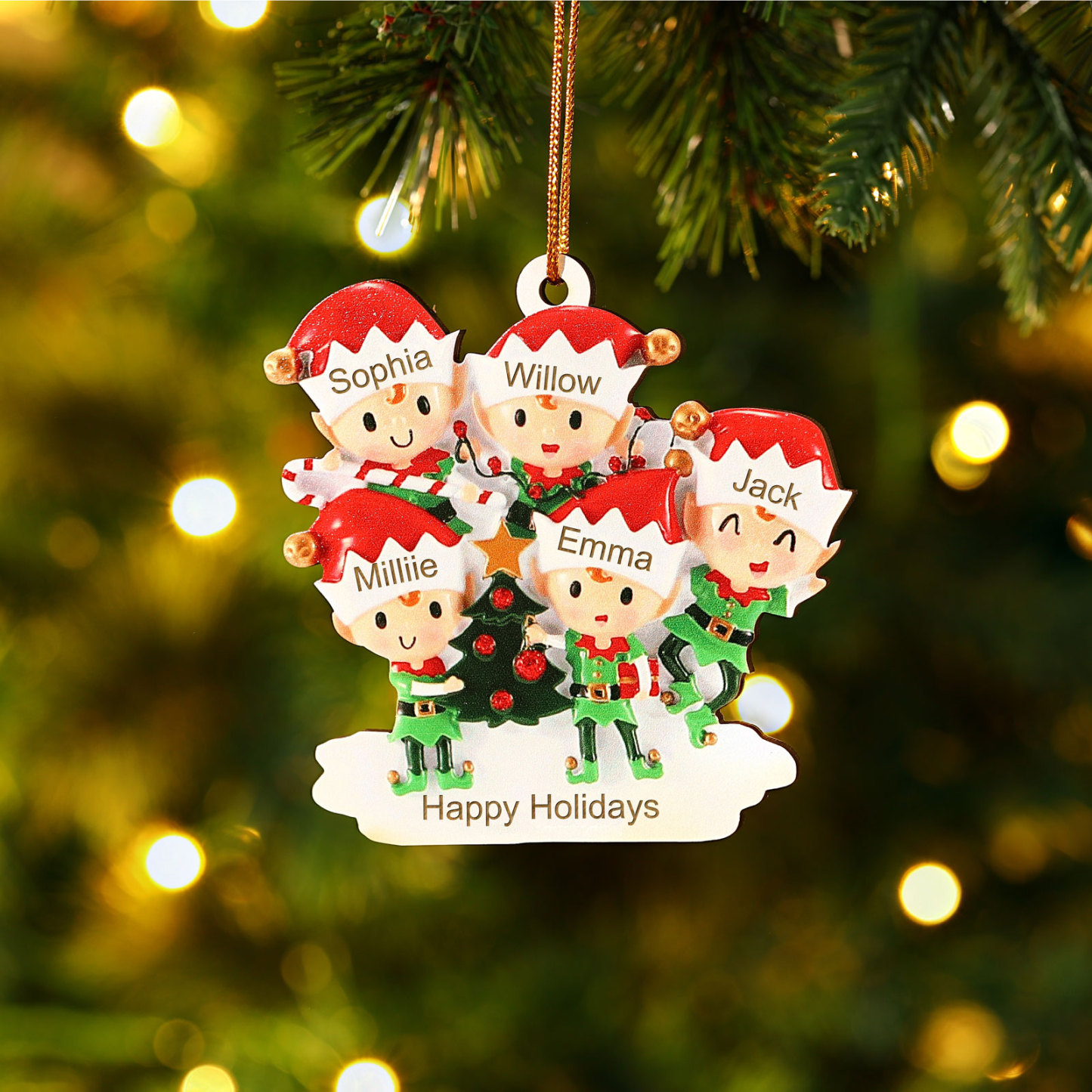 Navidad-Ornamento con muñecos de madera duendes 2 nombres y texto pers