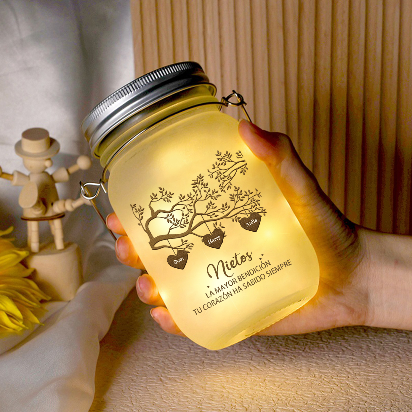 Botella con Lámpara Árbol de la Vida Personalizada con 3 Nombres y 2 Textos | Jessemade