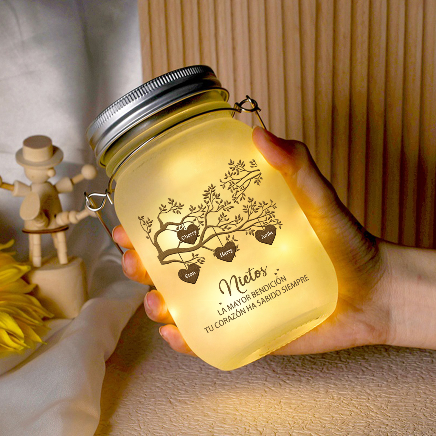 Botella con Lámpara Árbol de la Vida Personalizada con 4 Nombres y 2 Textos | Jessemade