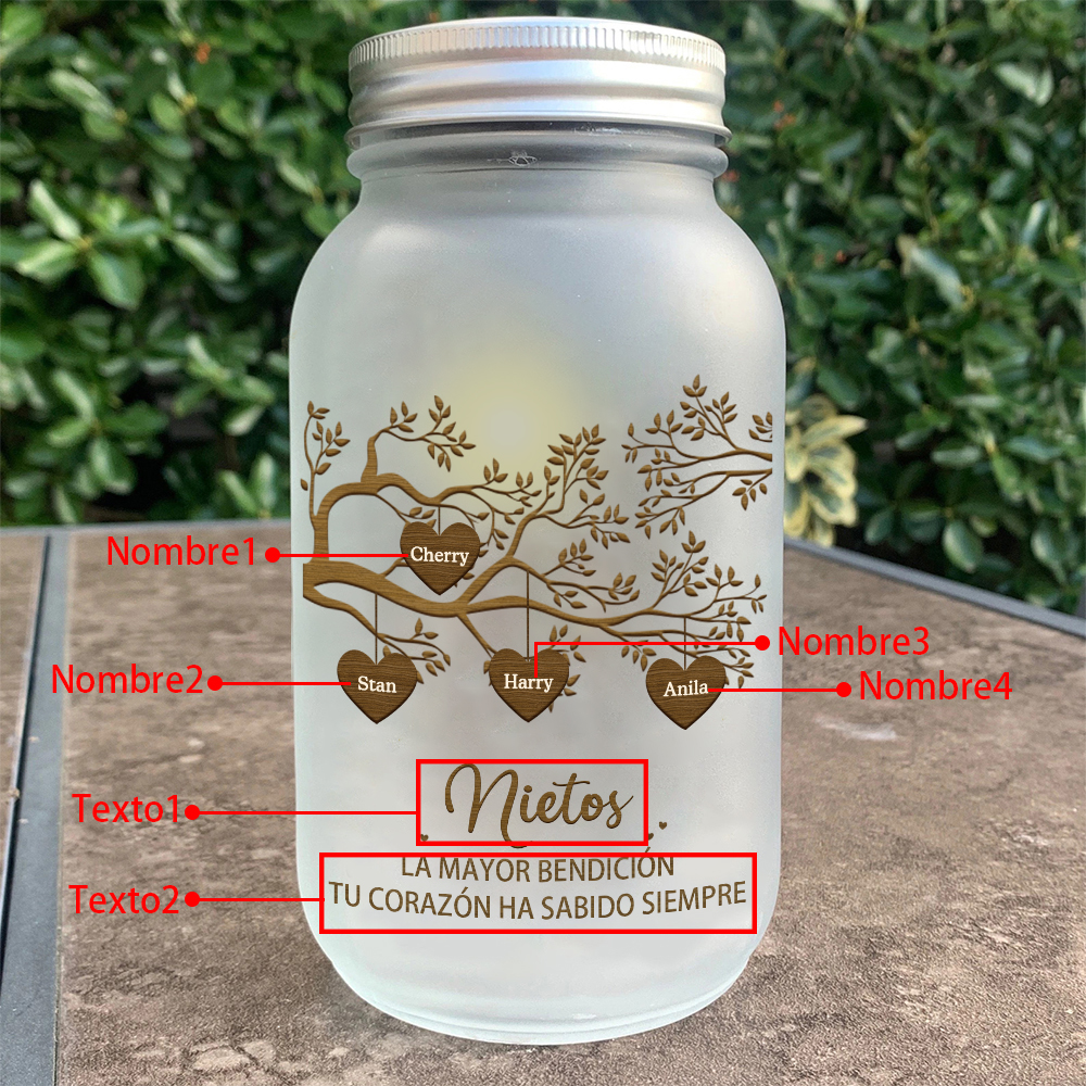 Botella con Lámpara Árbol de la Vida Personalizada con 4 Nombres y 2 Textos | Jessemade