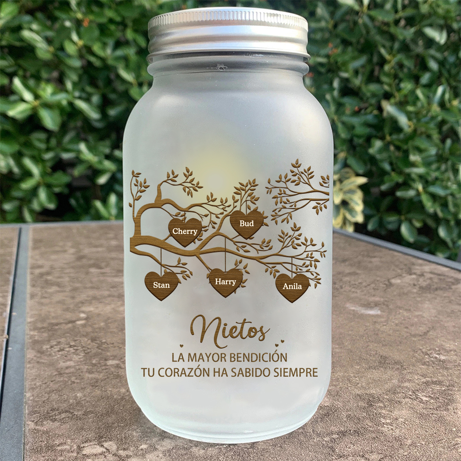 Botella con Lámpara Árbol de la Vida Personalizada con 5 Nombres y 2 Textos | Jessemade