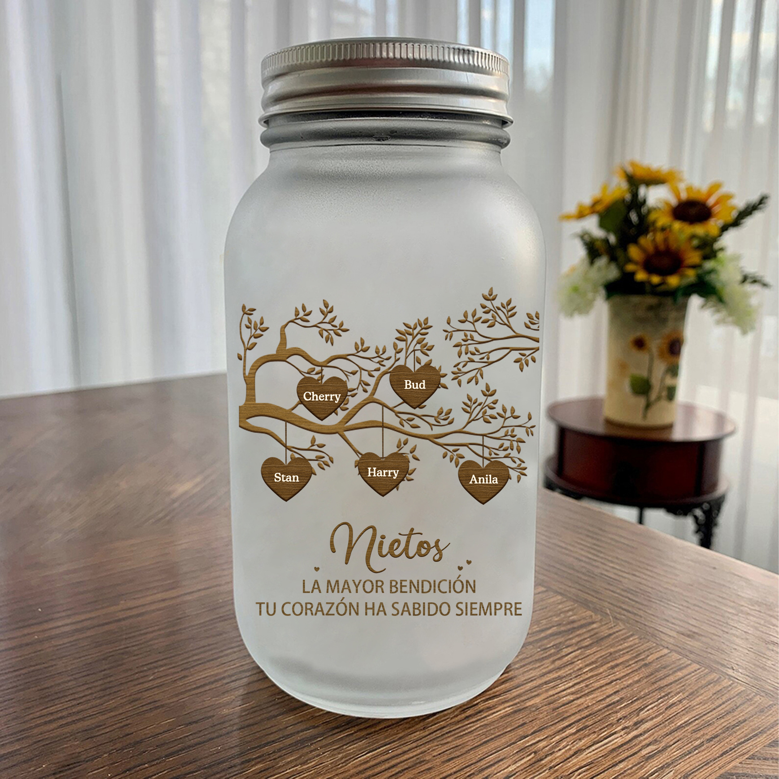 Botella con Lámpara Árbol de la Vida Personalizada con 5 Nombres y 2 Textos | Jessemade