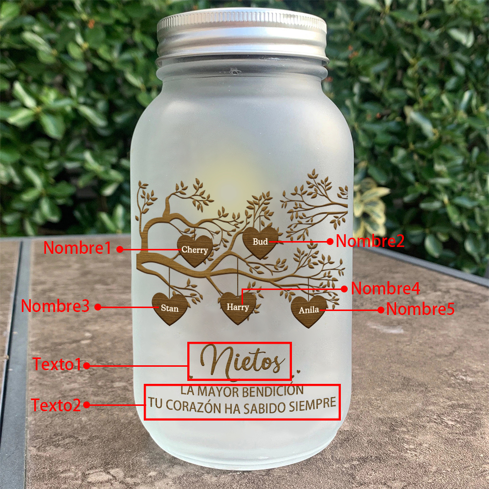 Botella con Lámpara Árbol de la Vida Personalizada con 5 Nombres y 2 Textos | Jessemade