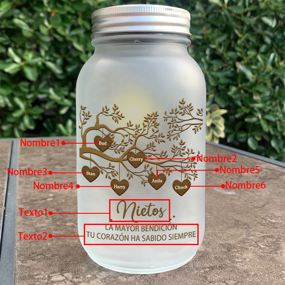 Botella con Lámpara Árbol de la Vida Personalizada con 6 Nombres y 2 Textos | Jessemade