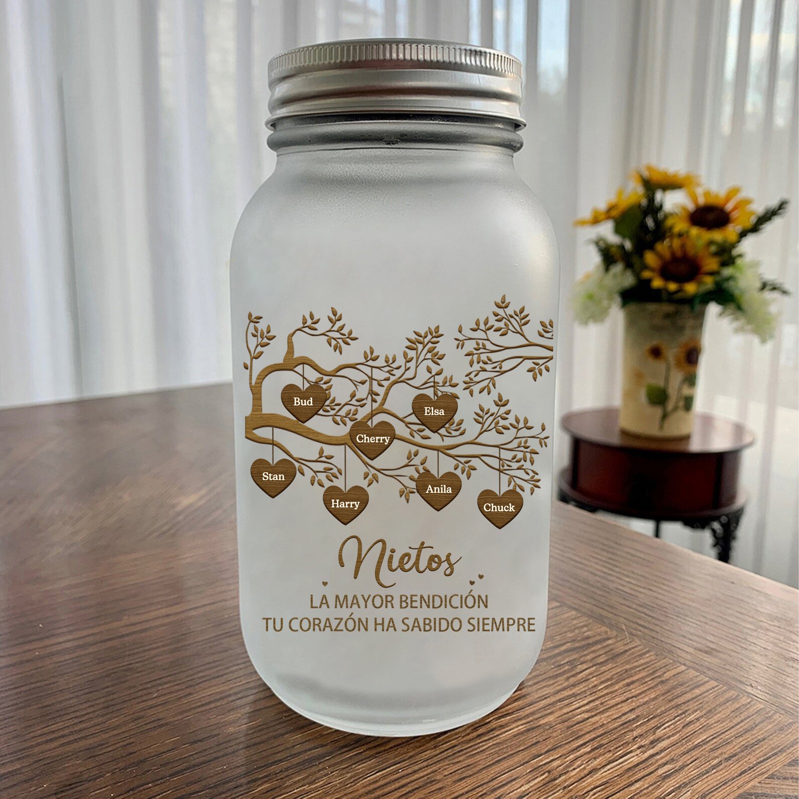 Botella con Lámpara Árbol de la Vida Personalizada con 7 Nombres y 2 Textos | Jessemade