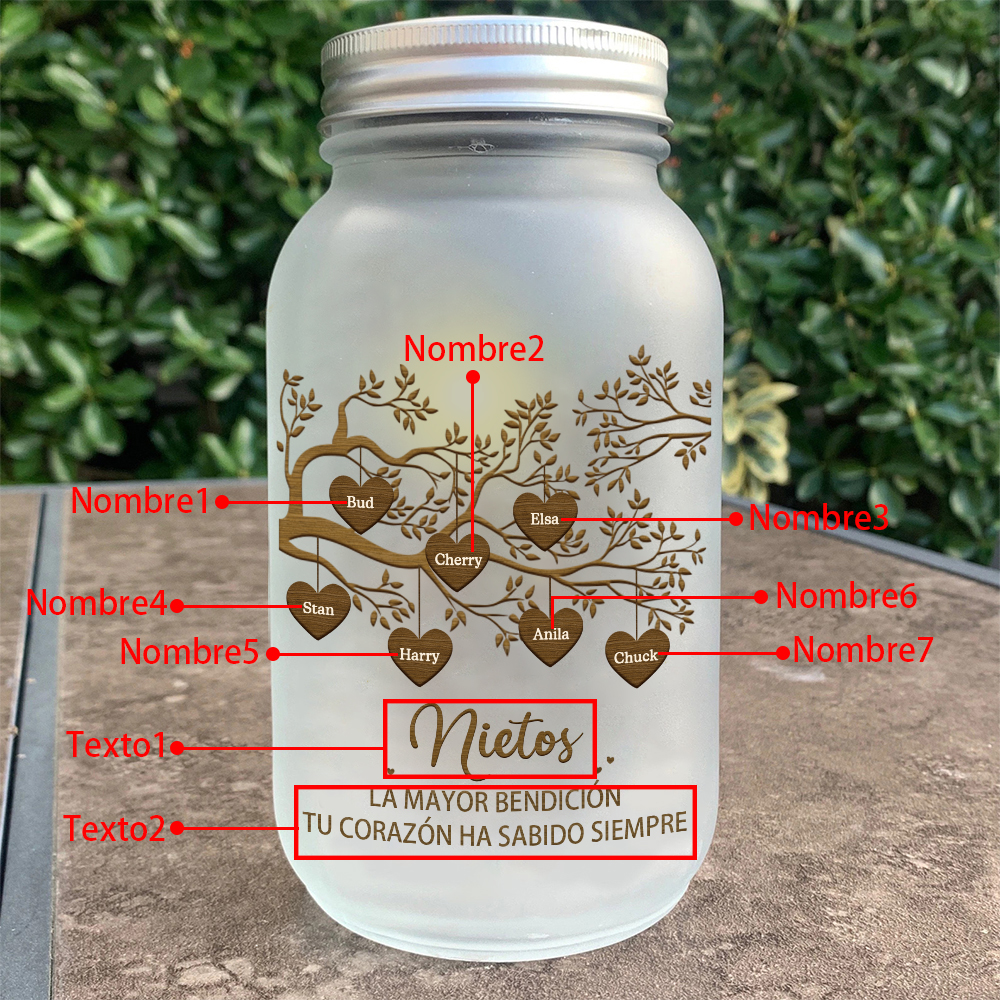 Botella con Lámpara Árbol de la Vida Personalizada con 7 Nombres y 2 Textos | Jessemade
