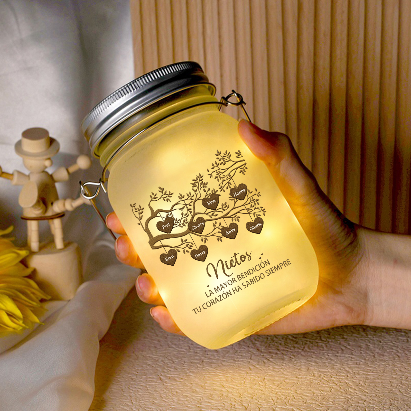 Botella con Lámpara Árbol de la Vida Personalizada con 8 Nombres y 2 Textos | Jessemade