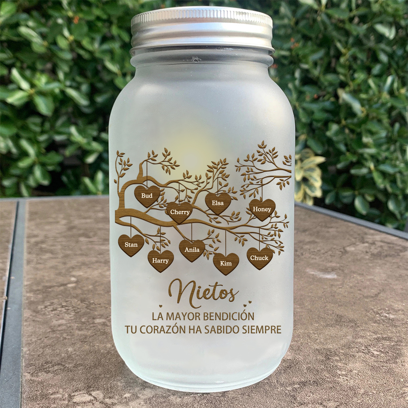 Botella con Lámpara Árbol de la Vida Personalizada con 9 Nombres y 2 Textos | Jessemade