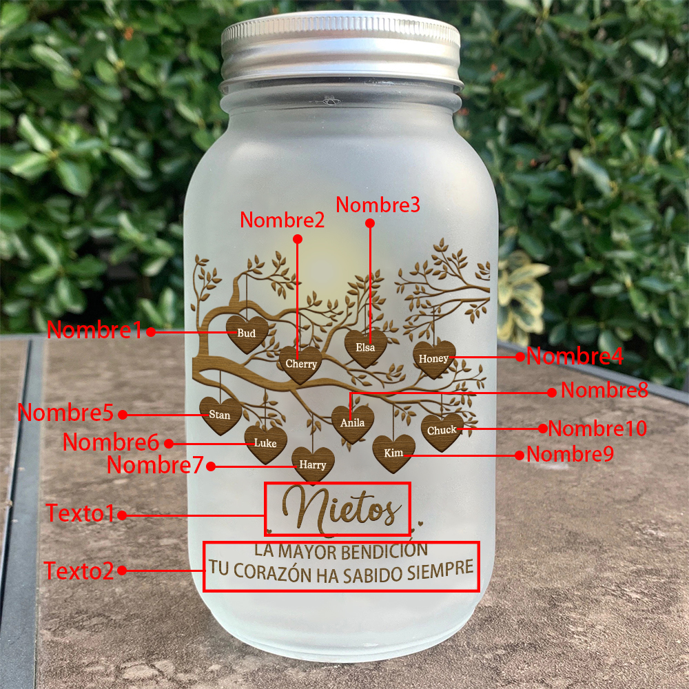 Botella con Lámpara Árbol de la Vida Personalizada con 10 Nombres y 2 Textos | Jessemade