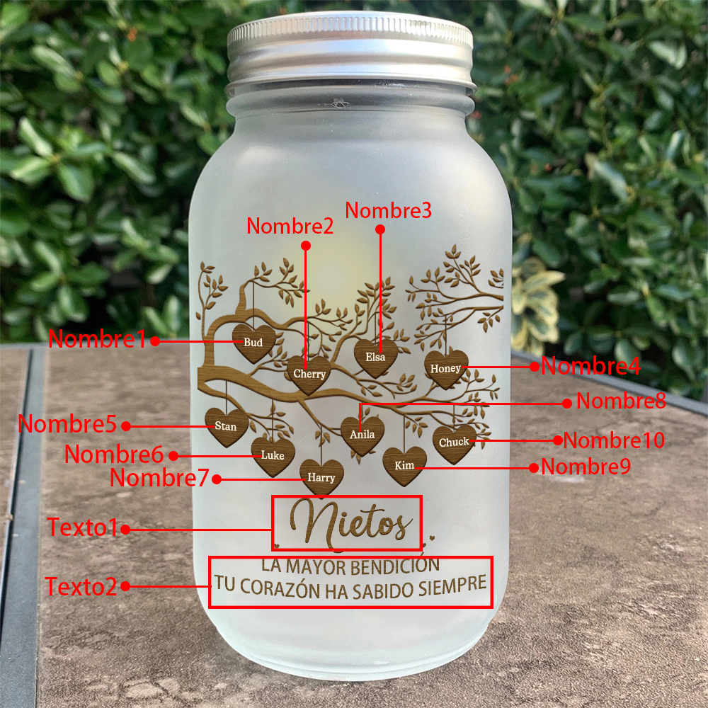 Botella con Lámpara Árbol de la Vida Personalizada con 10 Nombres y 2 Textos | Jessemade