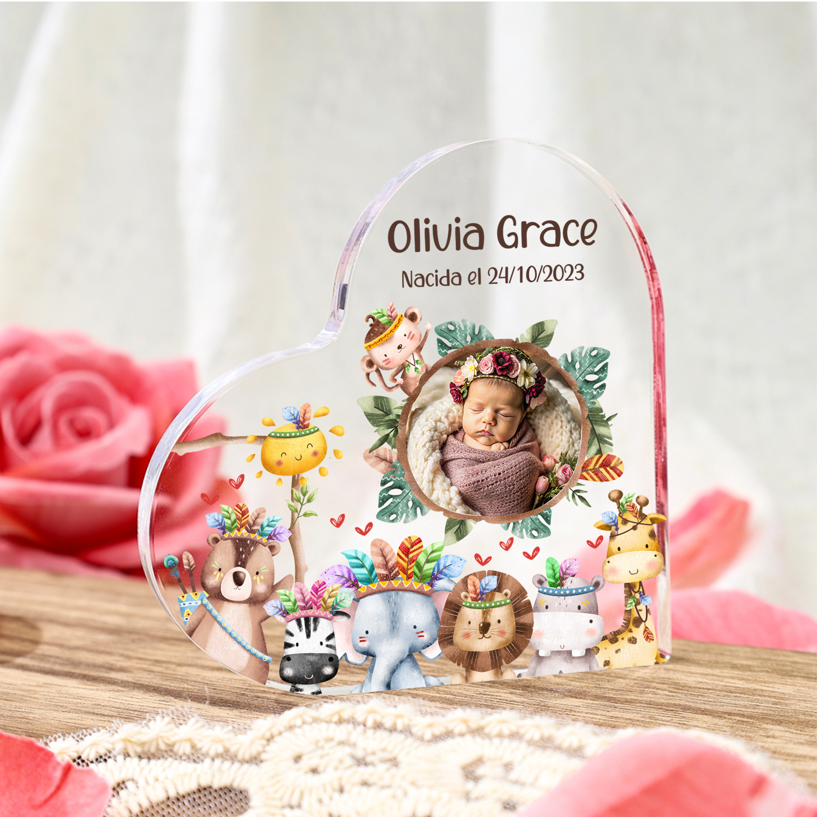 Placa de acrílico en forma de corazón para niño personalizado con 1 nombre, texto y foto | Jessemade