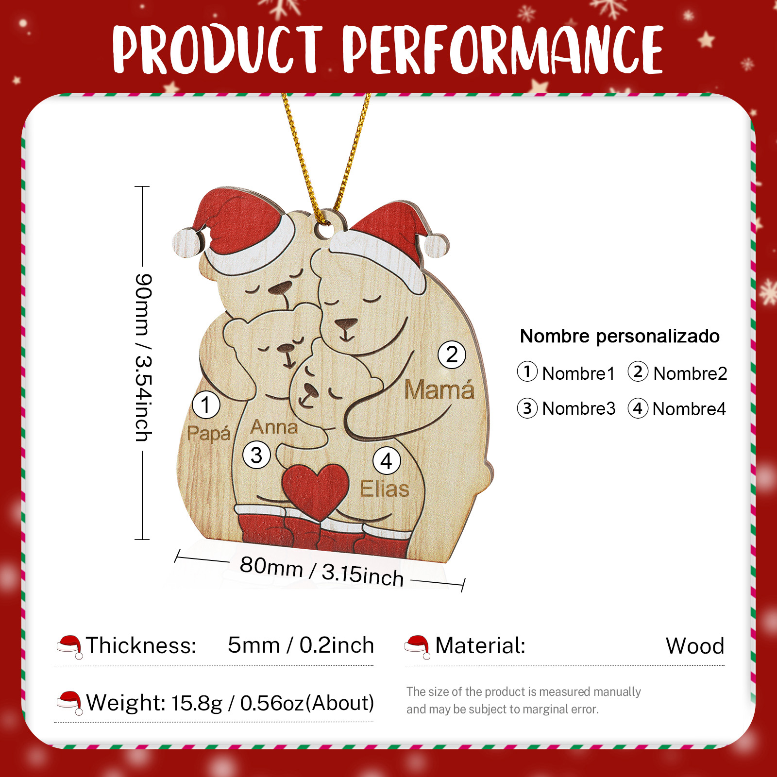 Navidad-Ornamento con muñecos de madera familia de osos 4 nombres personalizados | Jessemade