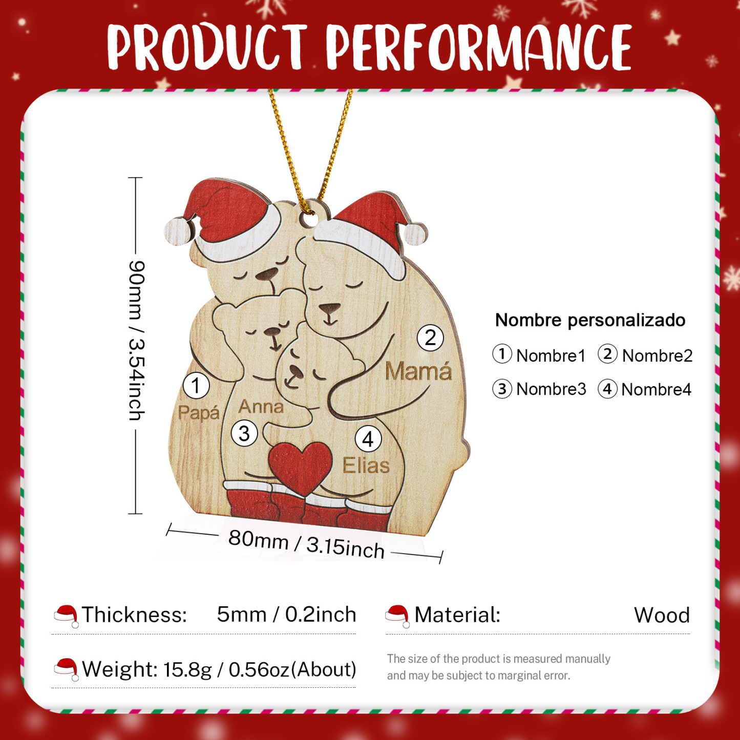 Navidad-Ornamento con muñecos de madera familia de osos 4 nombres personalizados | Jessemade