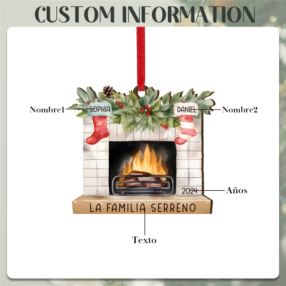 Navidad-Ornamento de madera chimenea y calcetines con 2 nombres y 1 texto personalizados | Jessemade