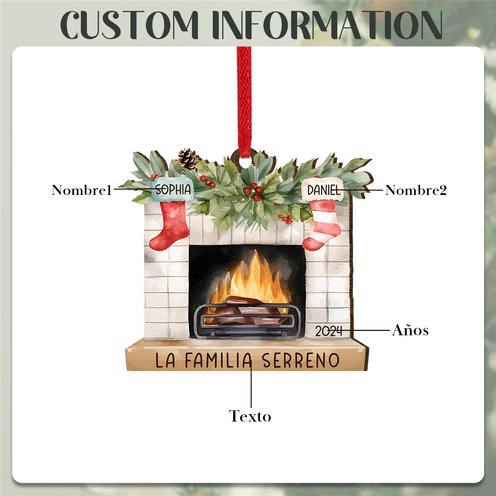 Navidad-Ornamento de madera chimenea y calcetines con 2 nombres y 1 texto personalizados | Jessemade