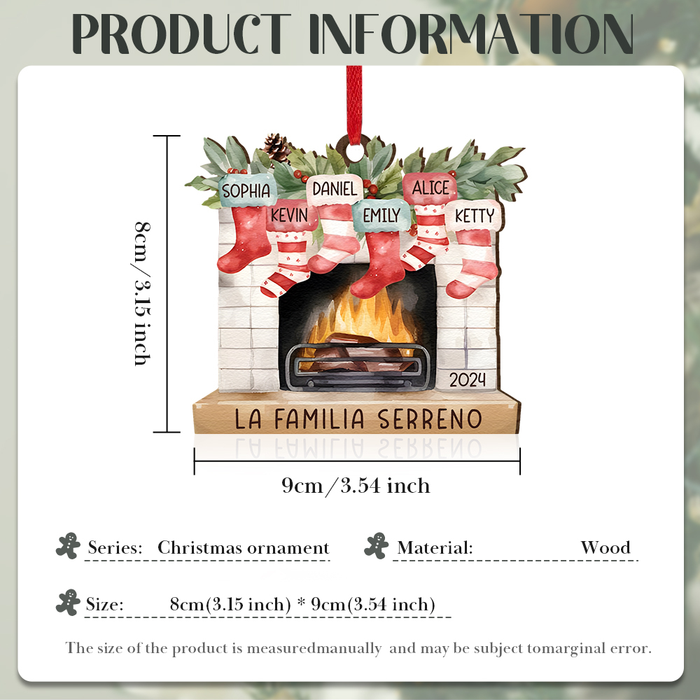 Navidad-Ornamento de madera chimenea y calcetines con 6 nombres, año y 1 texto personalizados | Jessemade