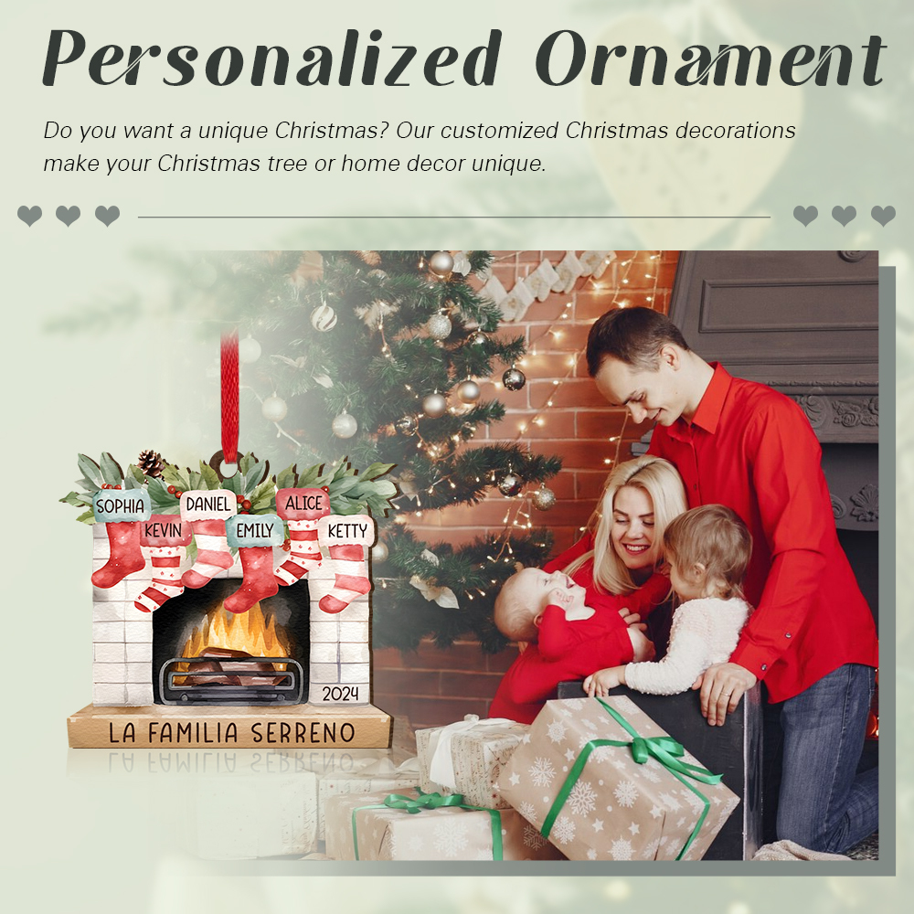 Navidad-Ornamento de madera chimenea y calcetines con 6 nombres, año y 1 texto personalizados | Jessemade