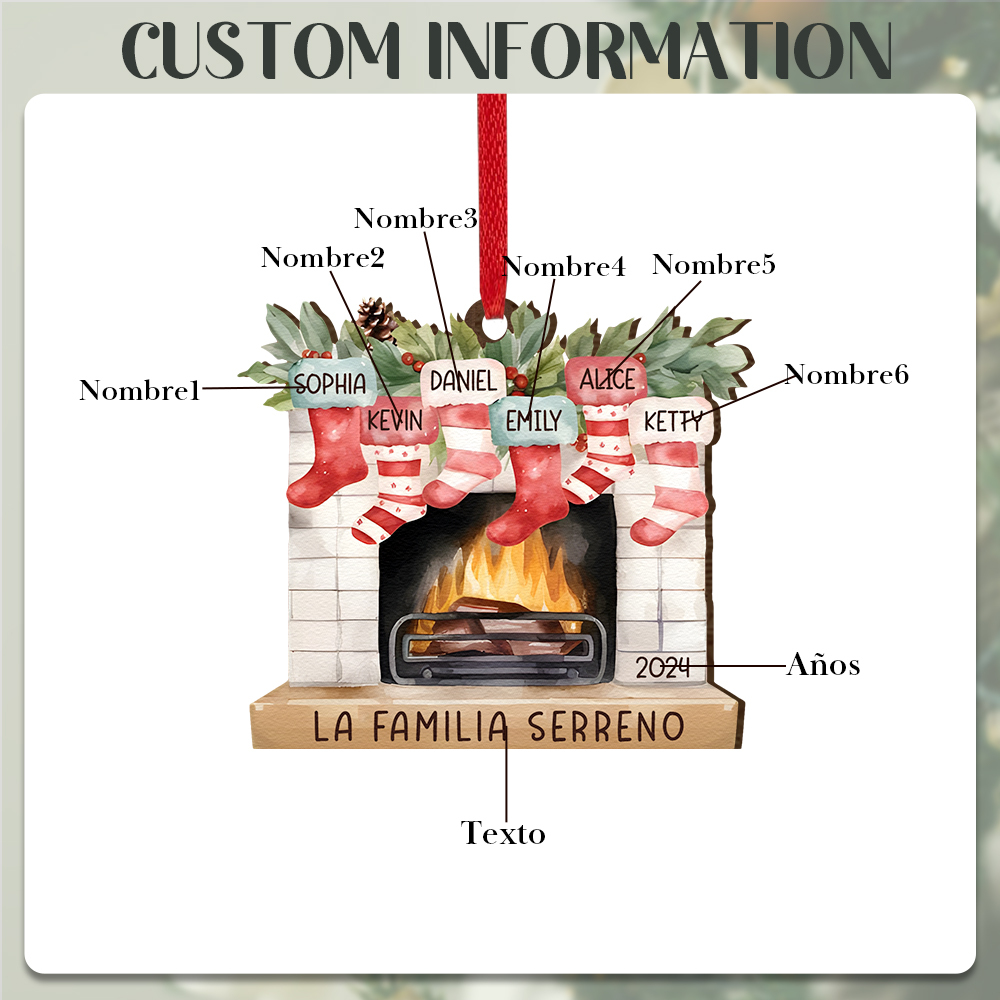 Navidad-Ornamento de madera chimenea y calcetines con 6 nombres, año y 1 texto personalizados | Jessemade
