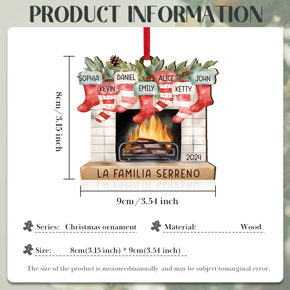 Navidad-Ornamento de madera chimenea y calcetines con 7 nombres, año y 1 texto personalizados | Jessemade