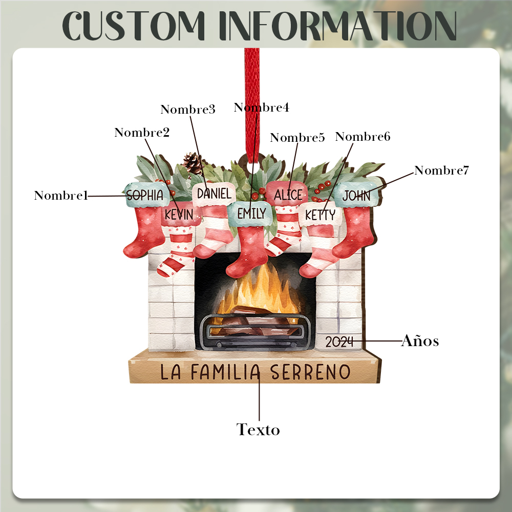 Navidad-Ornamento de madera chimenea y calcetines con 7 nombres, año y 1 texto personalizados | Jessemade