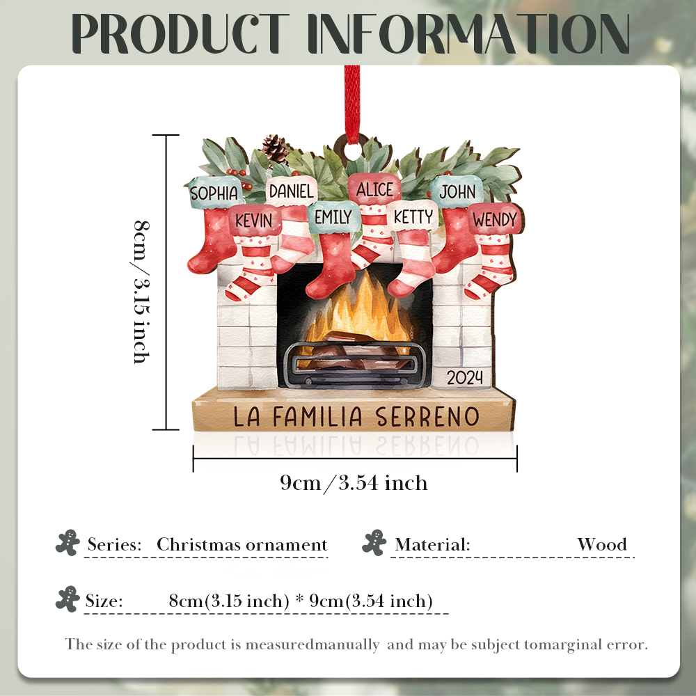 Navidad-Ornamento de madera chimenea y calcetines con 8 nombres, año y 1 texto personalizados | Jessemade