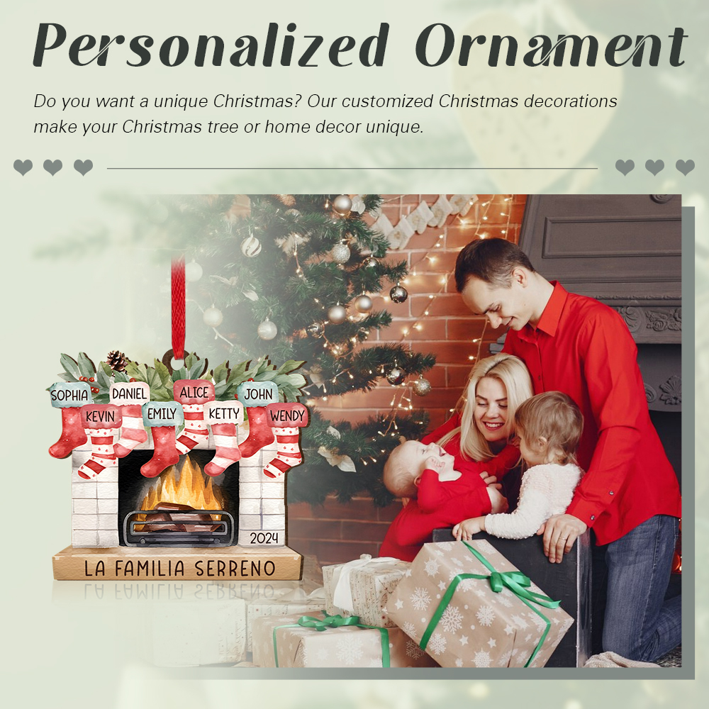 Navidad-Ornamento de madera chimenea y calcetines con 8 nombres, año y 1 texto personalizados | Jessemade