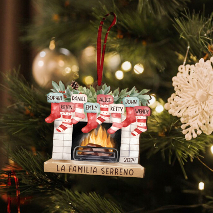 Navidad-Ornamento de madera chimenea y calcetines con 8 nombres, año y 1 texto personalizados | Jessemade