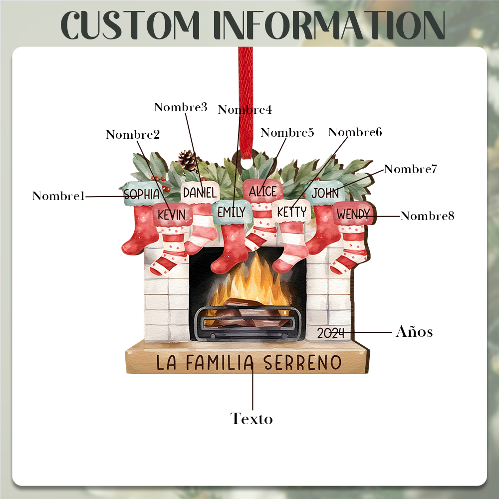 Navidad-Ornamento de madera chimenea y calcetines con 8 nombres, año y 1 texto personalizados | Jessemade