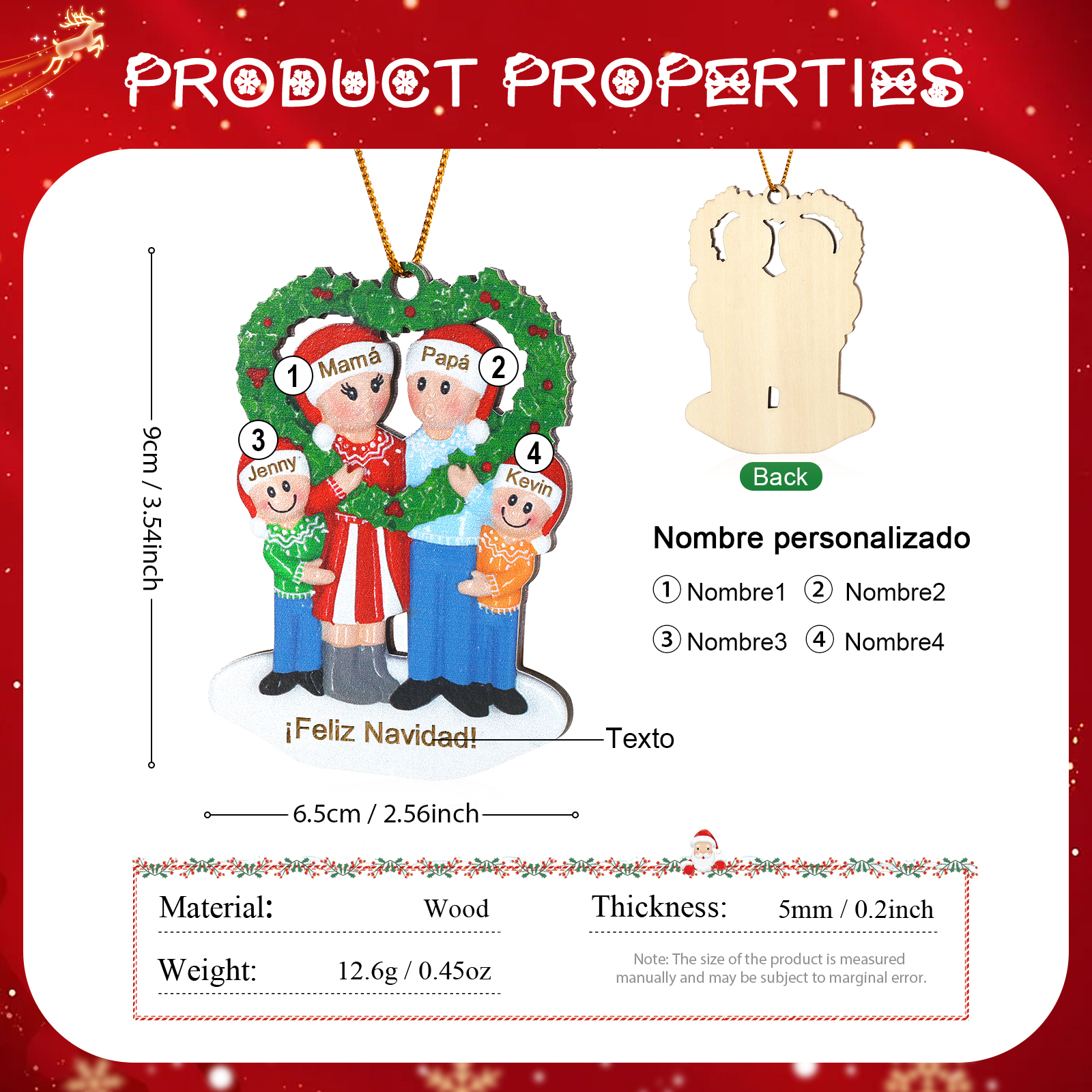 Navidad-Ornamento con muñecos de madera familia con corona de navidad 4 nombres y texto personalizados | Jessemade