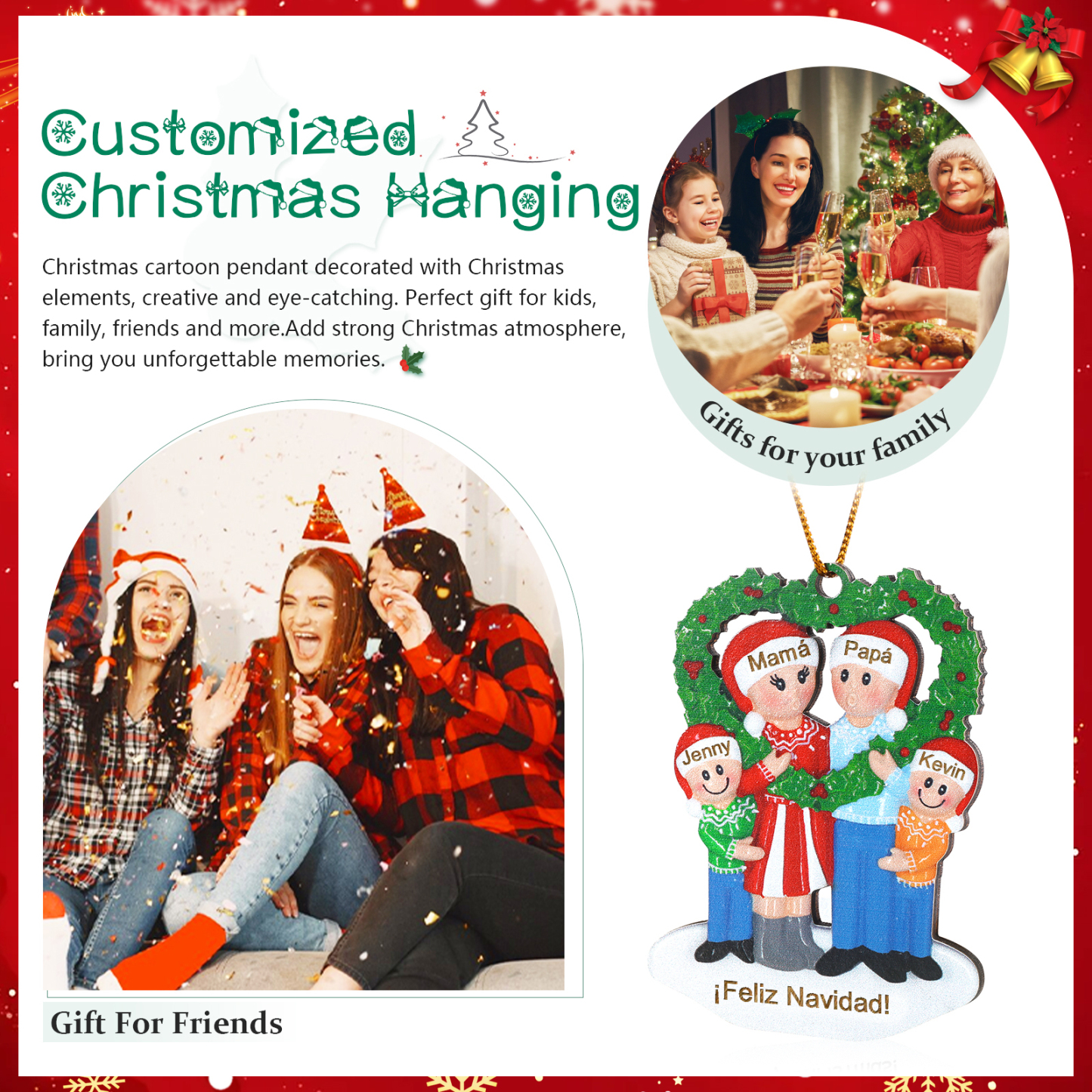 Navidad-Ornamento con muñecos de madera familia con corona de navidad 4 nombres y texto personalizados | Jessemade