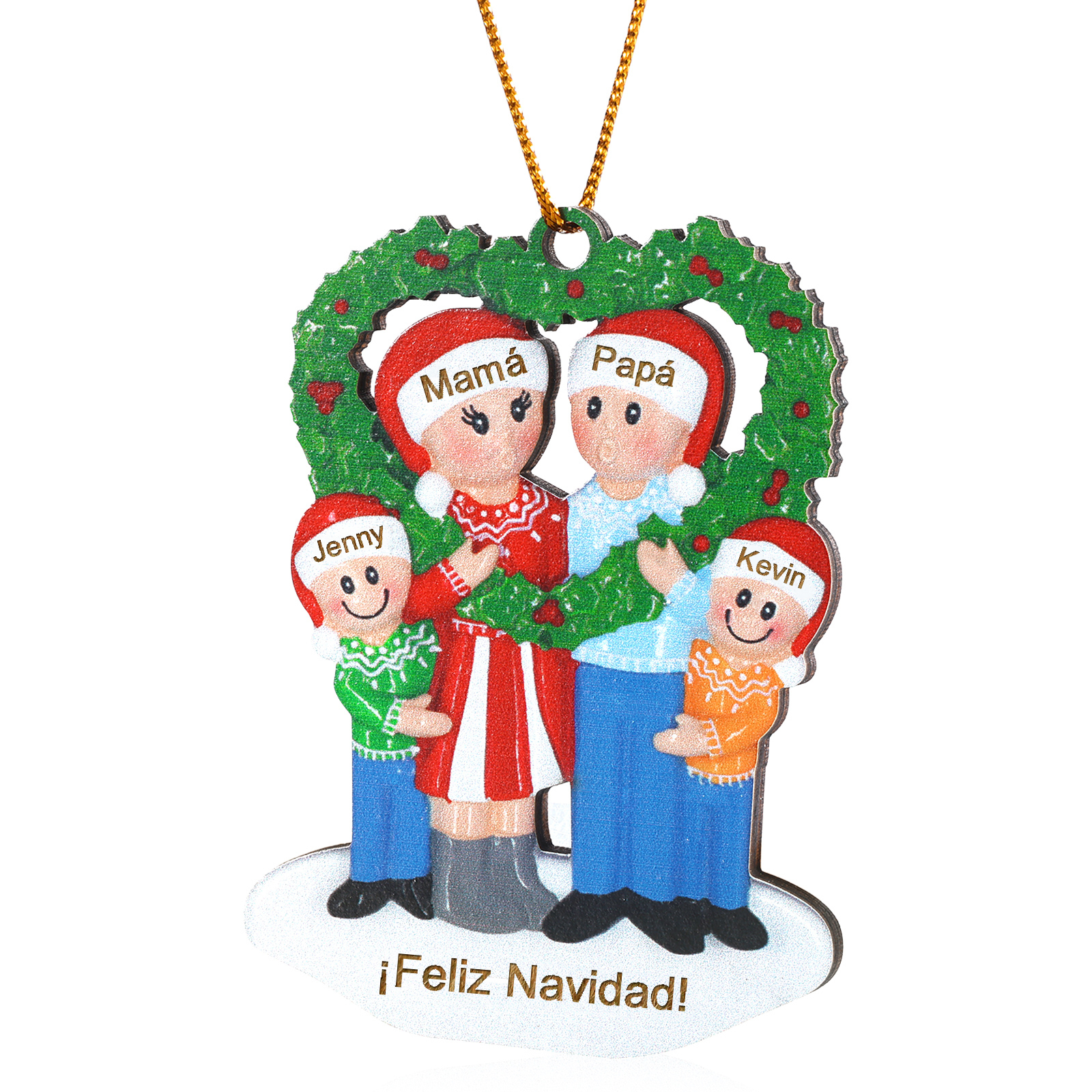 Navidad-Ornamento con muñecos de madera familia con corona de navidad 4 nombres y texto personalizados | Jessemade