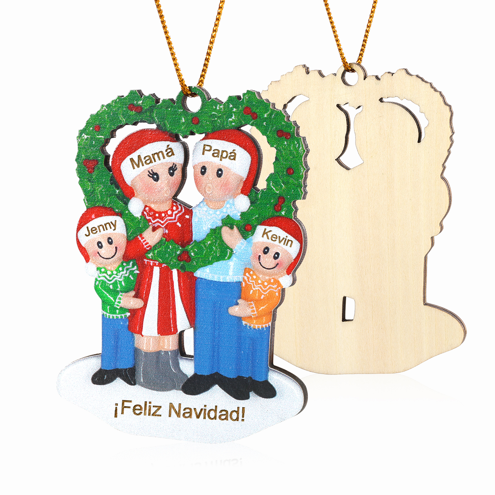 Navidad-Ornamento con muñecos de madera familia con corona de navidad 4 nombres y texto personalizados | Jessemade