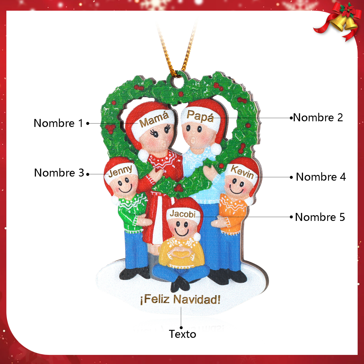 Navidad-Ornamento con muñecos de madera familia con corona de navidad 5 nombres y texto personalizados | Jessemade