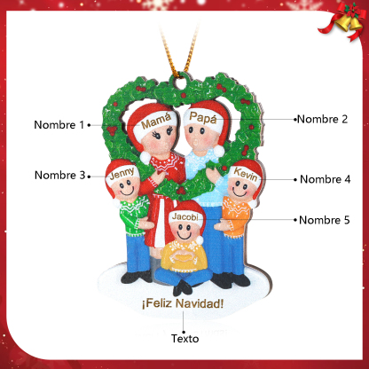 Navidad-Ornamento con muñecos de madera familia con corona de navidad 5 nombres y texto personalizados | Jessemade