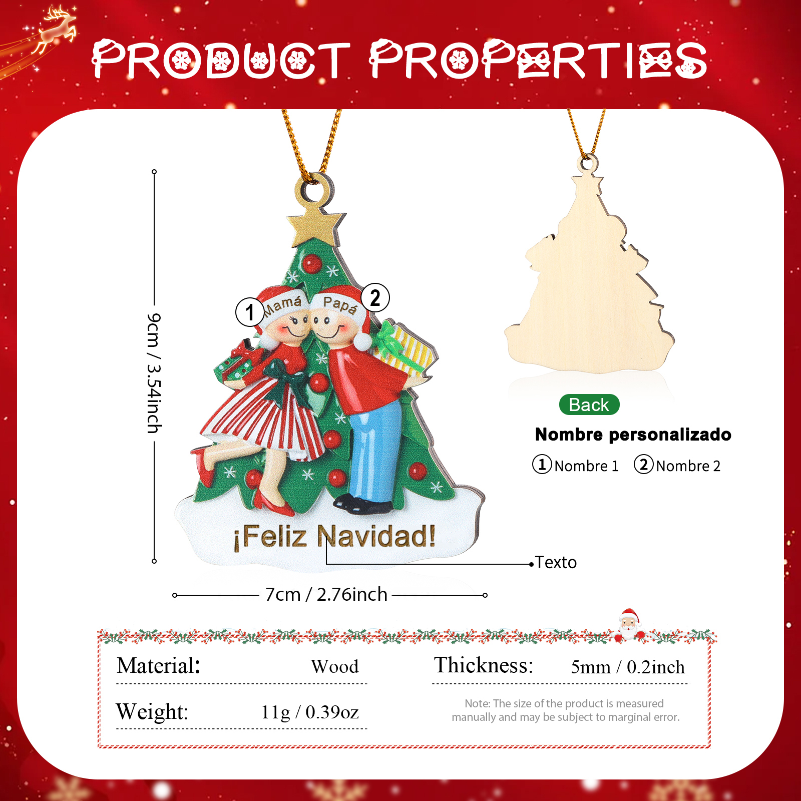 Navidad-Ornamento con muñecos de madera familia con árbol 2 nombres y texto personalizados | Jessemade