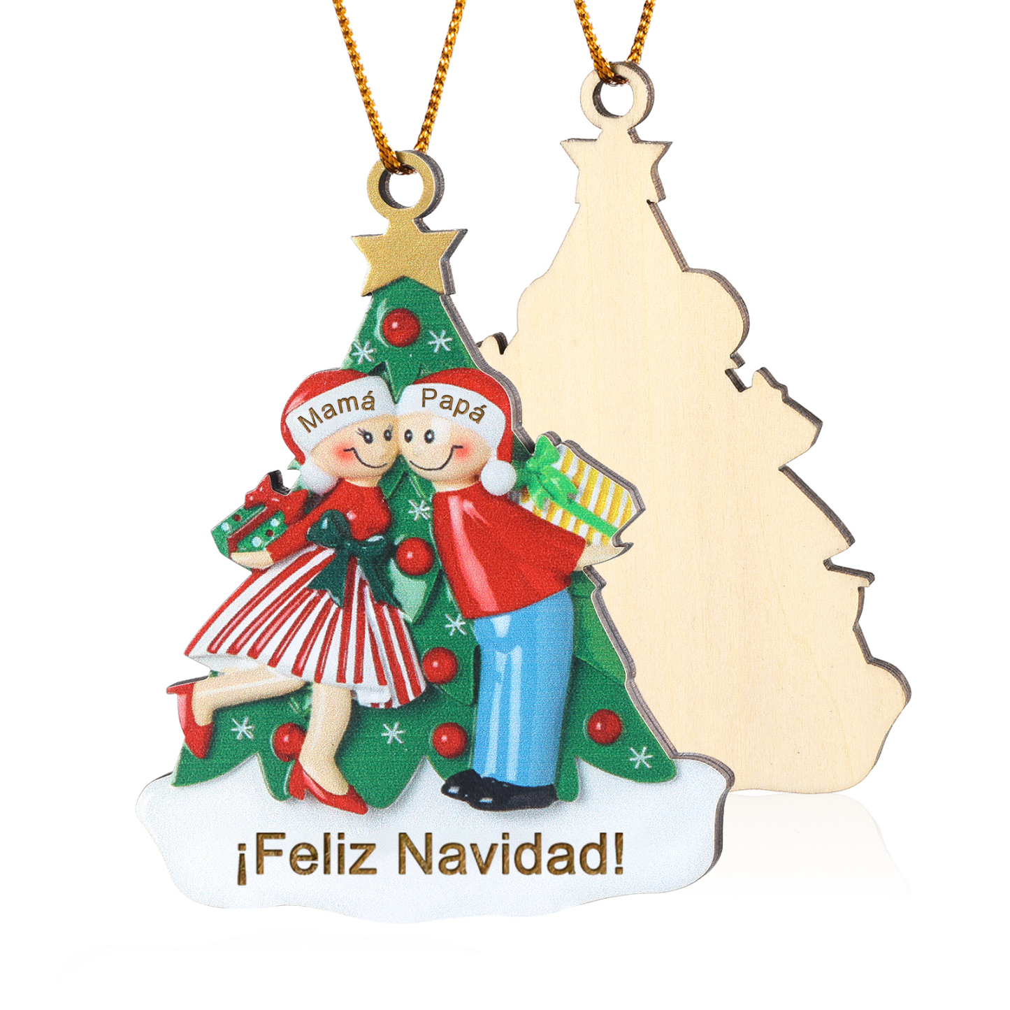 Navidad-Ornamento con muñecos de madera familia con árbol 2 nombres y texto personalizados | Jessemade