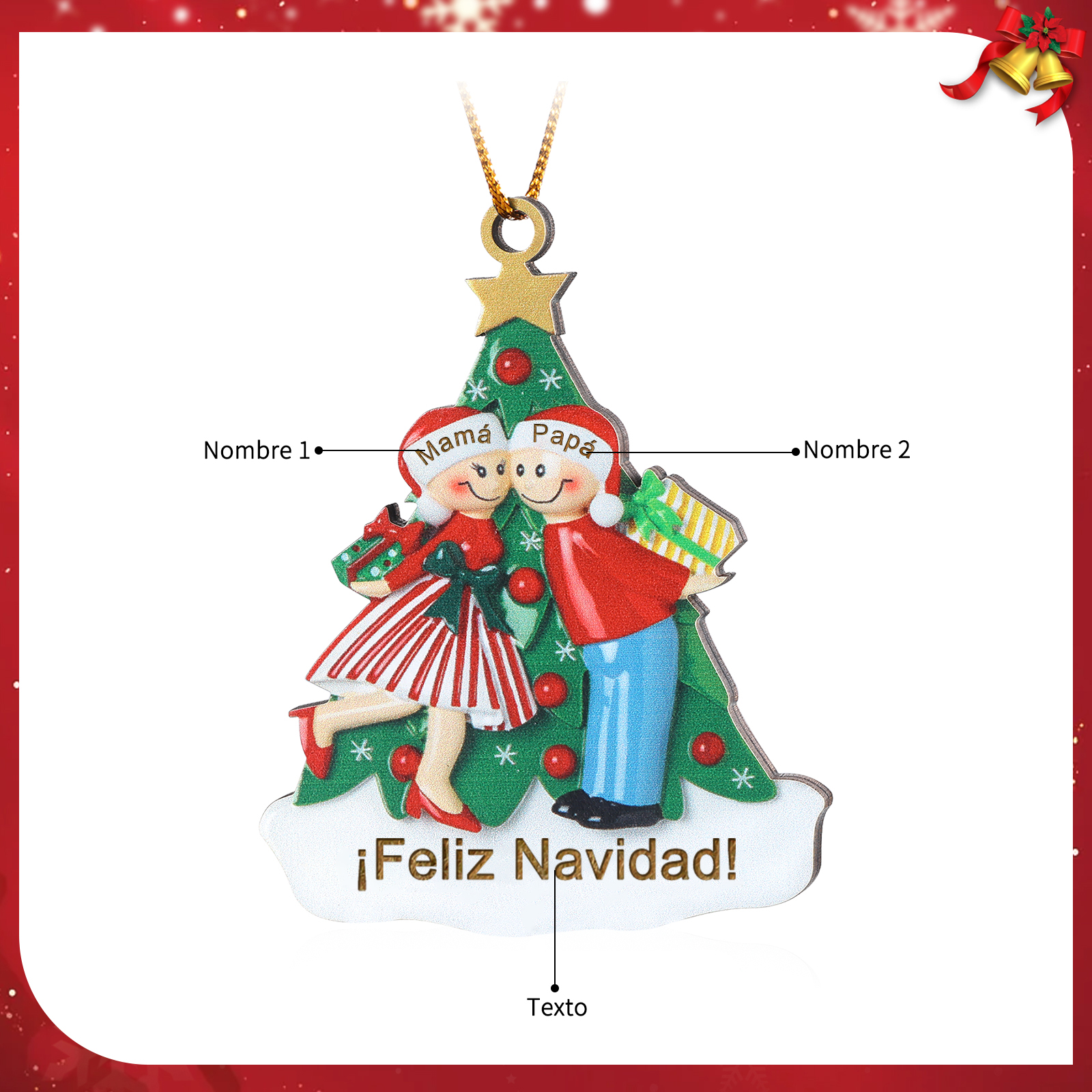 Navidad-Ornamento con muñecos de madera familia con árbol 2 nombres y texto personalizados | Jessemade