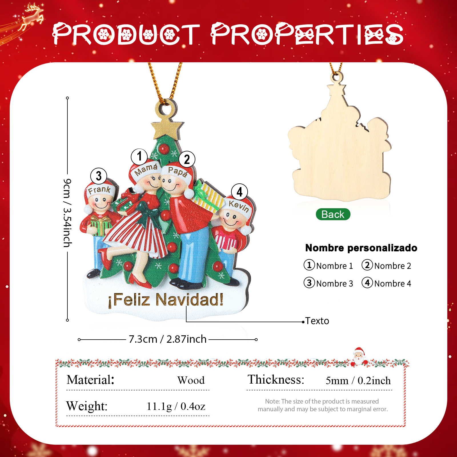 Navidad-Ornamento con muñecos de madera familia con árbol 4 nombres y texto personalizados | Jessemade