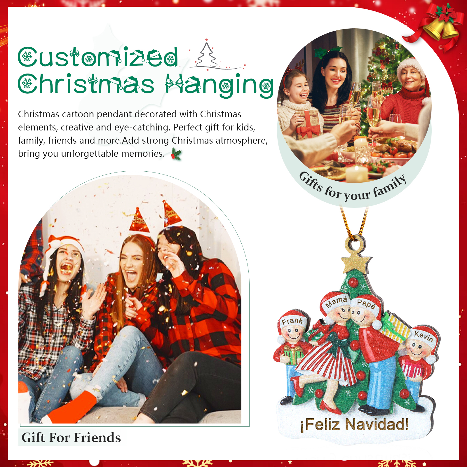 Navidad-Ornamento con muñecos de madera familia con árbol 4 nombres y texto personalizados | Jessemade