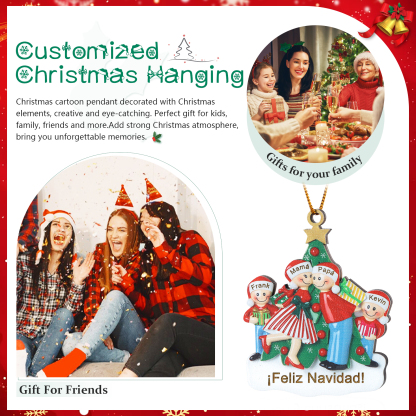 Navidad-Ornamento con muñecos de madera familia con árbol 4 nombres y texto personalizados | Jessemade